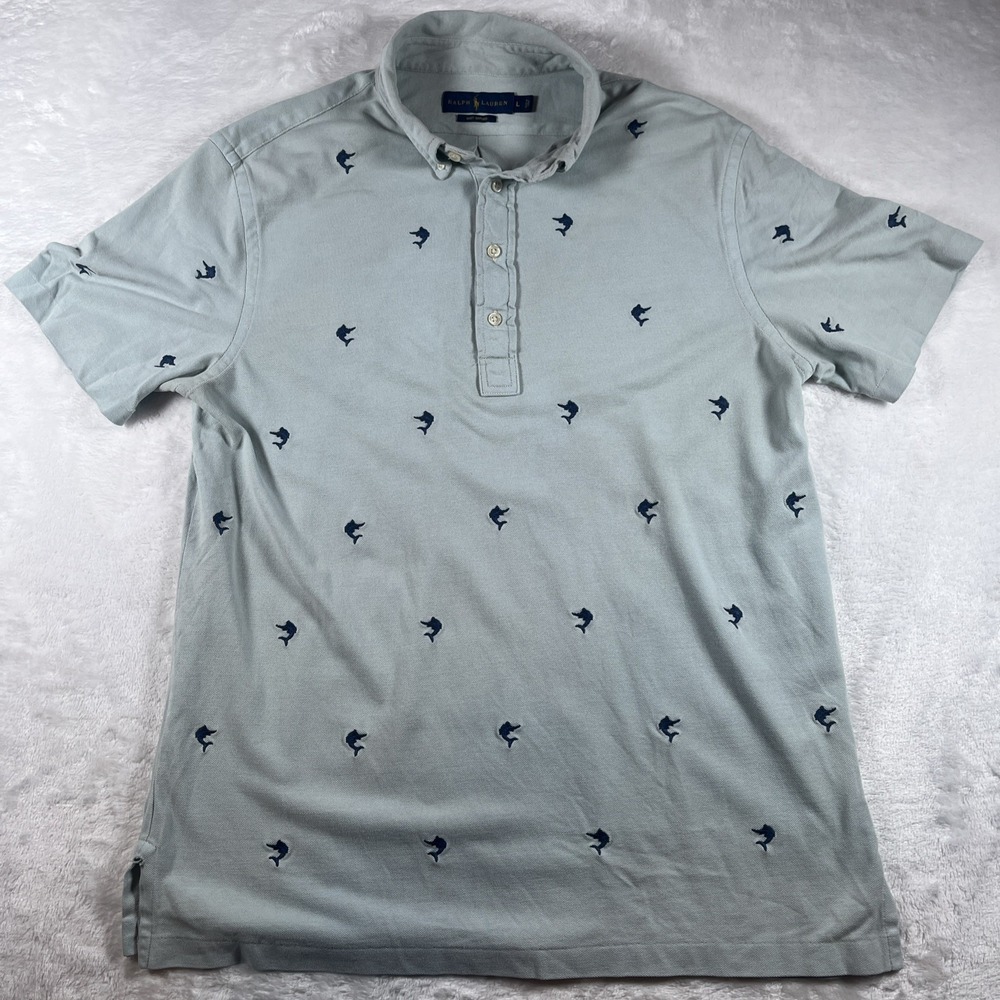 Men's Ralph Lauren Knit Oxford Polo Short Sleeve Blue Marlin Pattern‎ Size L